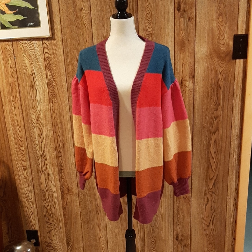 🌈NWT Jodifl Rainbow Striped Balloon Sleeve Open Cardigan (Small)🌈